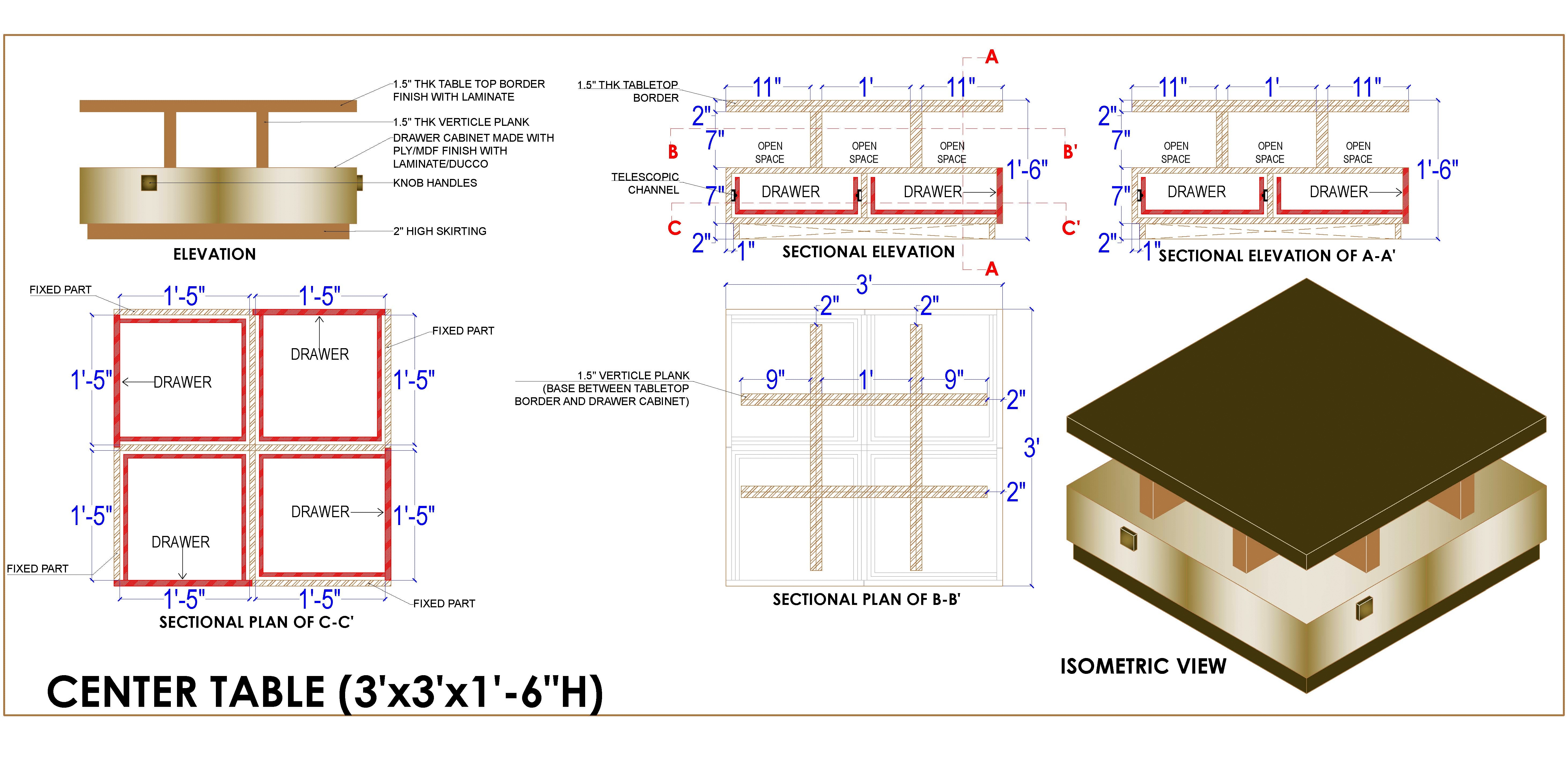 Modern Square Center Table CAD Drawing and Details